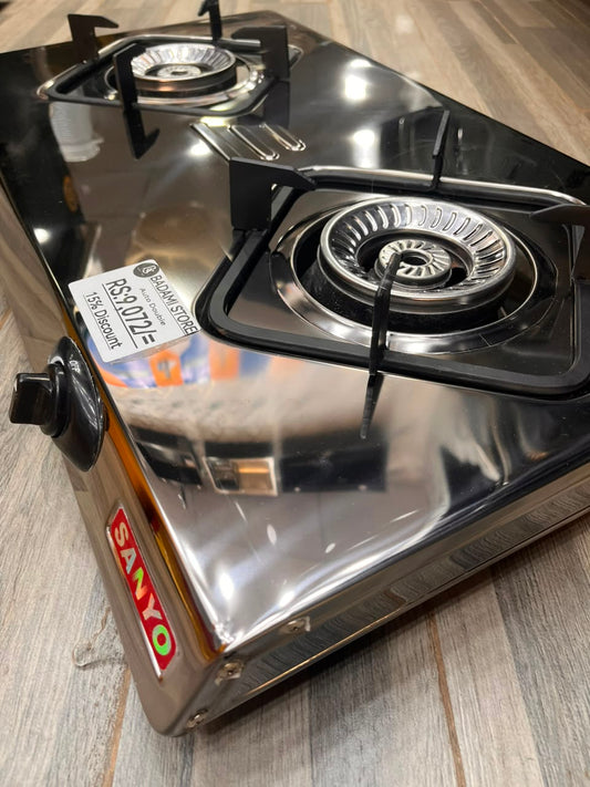 Black gas stove with auto ignition and two twister flame burner and full heavy stainless steel body