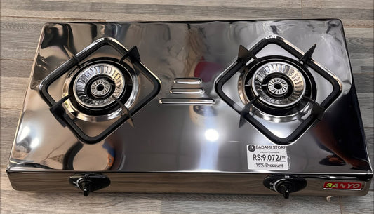 Black gas stove with auto ignition and two twister flame burner and full heavy stainless steel body