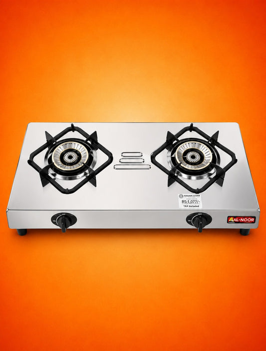 Black gas stove with auto ignition and two twister flame burner and full heavy stainless steel body